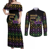 Mardi Gras Carnival Couples Matching Off Shoulder Maxi Dress and Long Sleeve Button Shirt Geometric Pattern Vintage