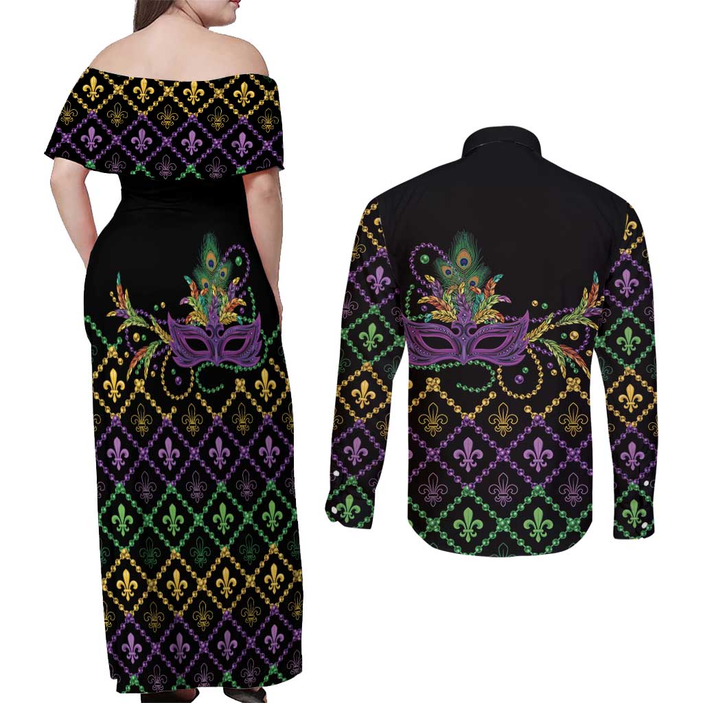 Mardi Gras Carnival Couples Matching Off Shoulder Maxi Dress and Long Sleeve Button Shirt Geometric Pattern Vintage