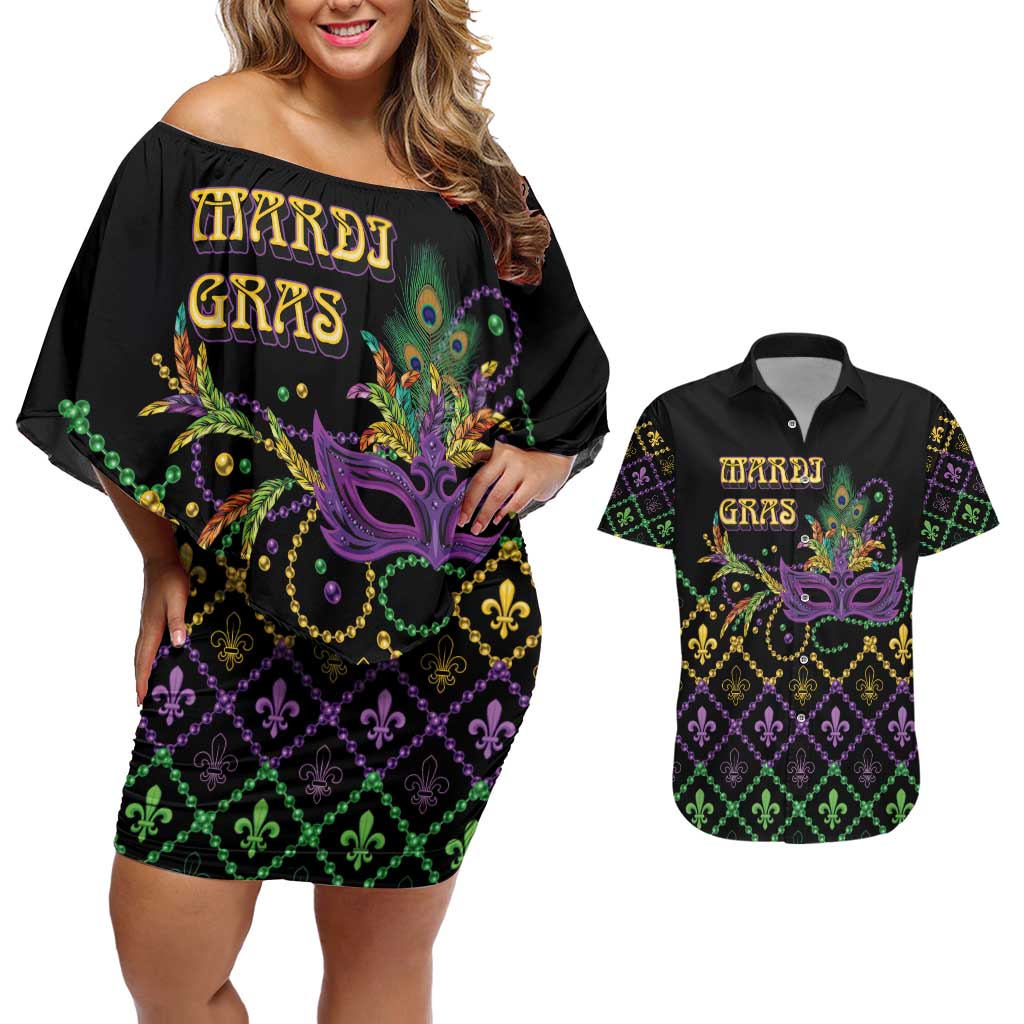 Mardi Gras Carnival Couples Matching Off Shoulder Short Dress and Hawaiian Shirt Geometric Pattern Vintage