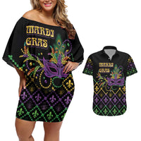 Mardi Gras Carnival Couples Matching Off Shoulder Short Dress and Hawaiian Shirt Geometric Pattern Vintage