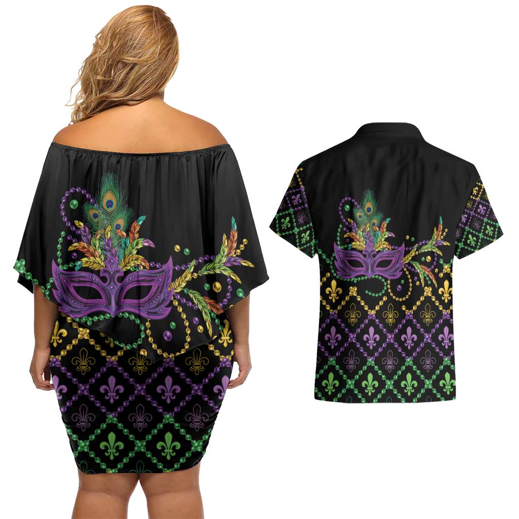 Mardi Gras Carnival Couples Matching Off Shoulder Short Dress and Hawaiian Shirt Geometric Pattern Vintage