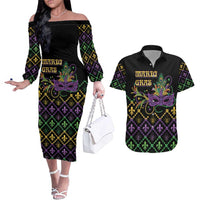 Mardi Gras Carnival Couples Matching Off The Shoulder Long Sleeve Dress and Hawaiian Shirt Geometric Pattern Vintage