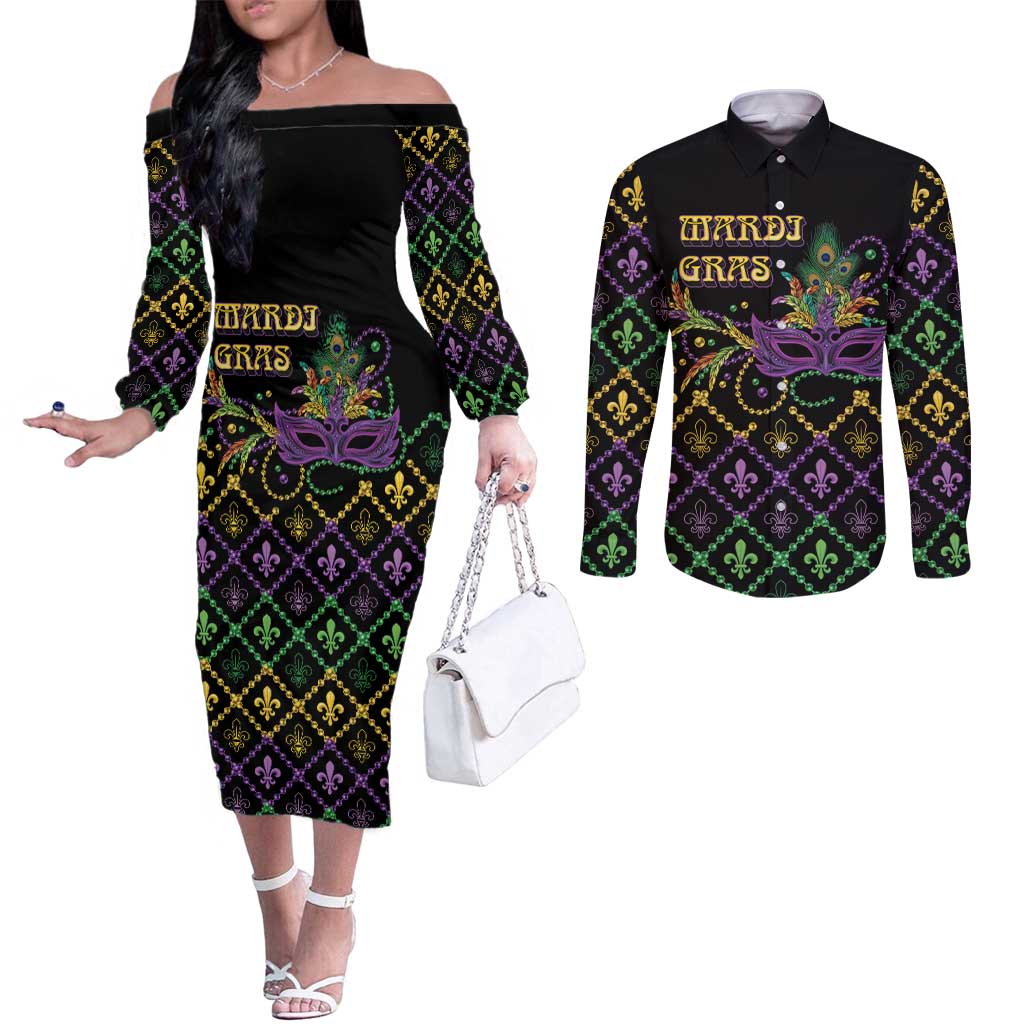 Mardi Gras Carnival Couples Matching Off The Shoulder Long Sleeve Dress and Long Sleeve Button Shirt Geometric Pattern Vintage