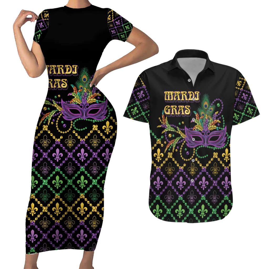 Mardi Gras Carnival Couples Matching Short Sleeve Bodycon Dress and Hawaiian Shirt Geometric Pattern Vintage