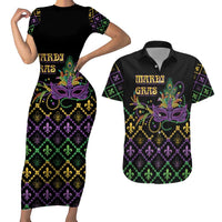 Mardi Gras Carnival Couples Matching Short Sleeve Bodycon Dress and Hawaiian Shirt Geometric Pattern Vintage