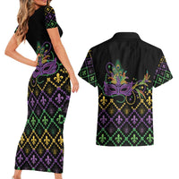 Mardi Gras Carnival Couples Matching Short Sleeve Bodycon Dress and Hawaiian Shirt Geometric Pattern Vintage