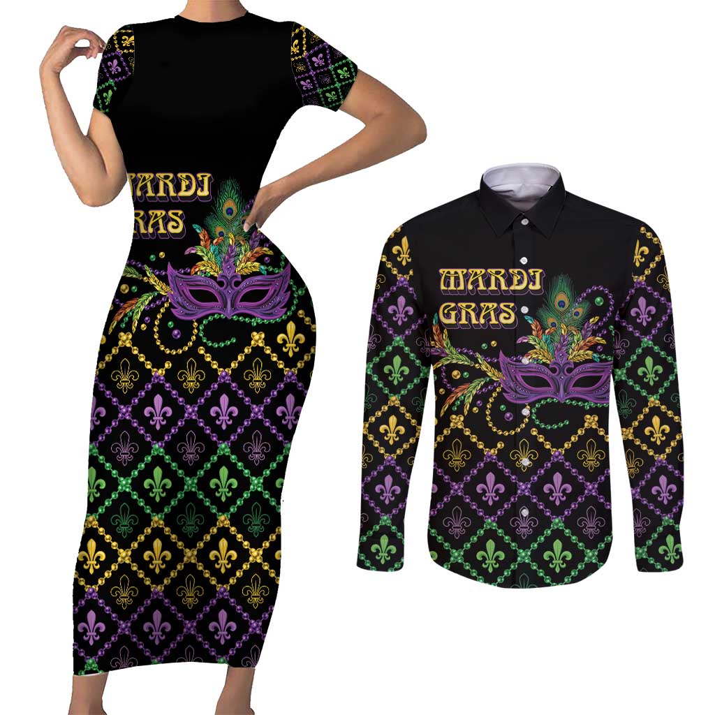 Mardi Gras Carnival Couples Matching Short Sleeve Bodycon Dress and Long Sleeve Button Shirt Geometric Pattern Vintage