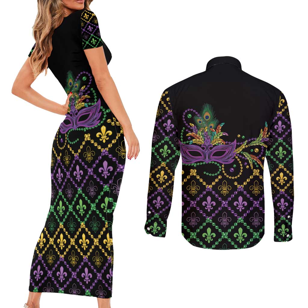 Mardi Gras Carnival Couples Matching Short Sleeve Bodycon Dress and Long Sleeve Button Shirt Geometric Pattern Vintage
