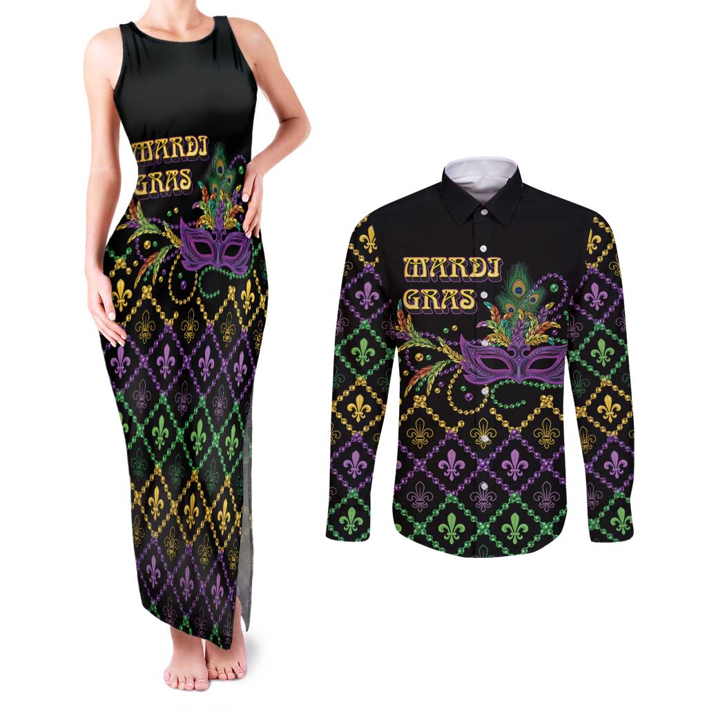 Mardi Gras Carnival Couples Matching Tank Maxi Dress and Long Sleeve Button Shirt Geometric Pattern Vintage