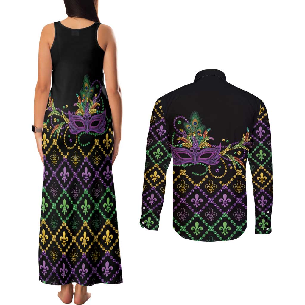 Mardi Gras Carnival Couples Matching Tank Maxi Dress and Long Sleeve Button Shirt Geometric Pattern Vintage