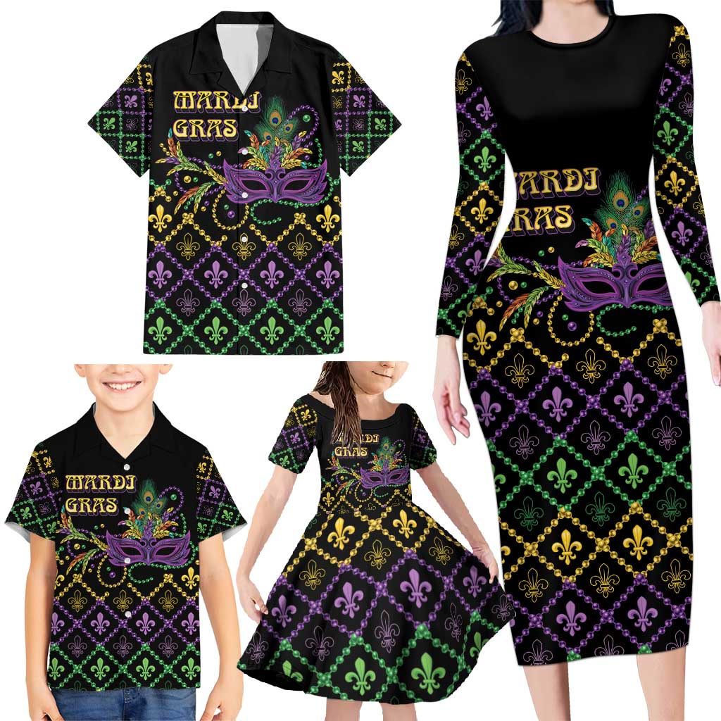 Mardi Gras Carnival Family Matching Long Sleeve Bodycon Dress and Hawaiian Shirt Geometric Pattern Vintage LT9 - Wonder Print Shop
