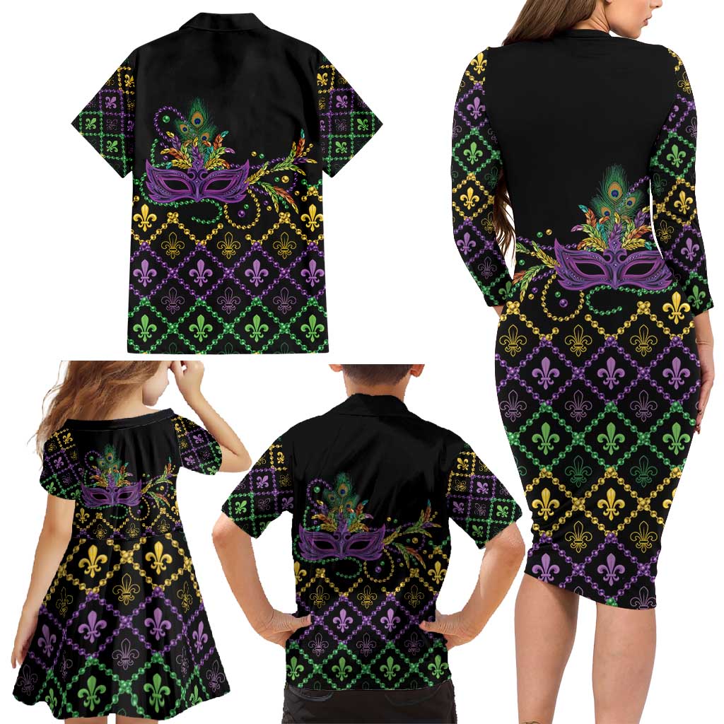 Mardi Gras Carnival Family Matching Long Sleeve Bodycon Dress and Hawaiian Shirt Geometric Pattern Vintage LT9 - Wonder Print Shop