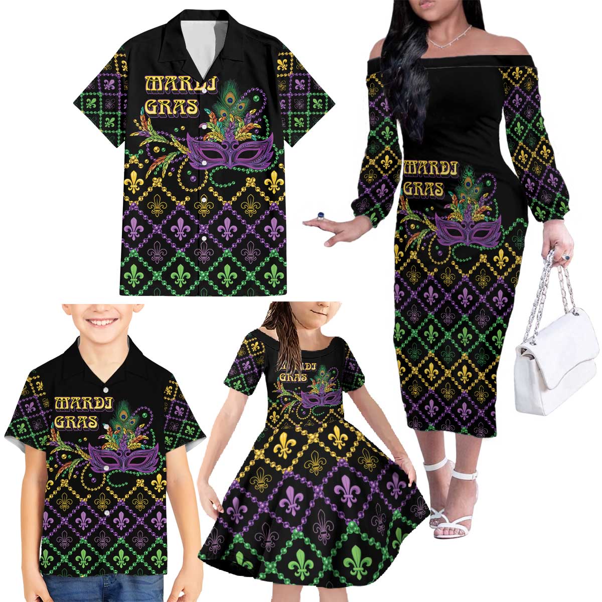 Mardi Gras Carnival Family Matching Off The Shoulder Long Sleeve Dress and Hawaiian Shirt Geometric Pattern Vintage