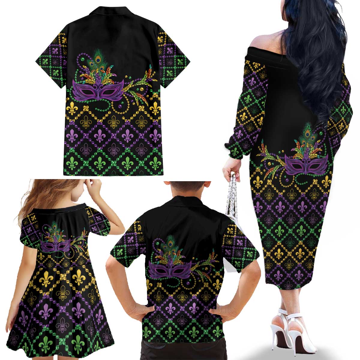 Mardi Gras Carnival Family Matching Off The Shoulder Long Sleeve Dress and Hawaiian Shirt Geometric Pattern Vintage
