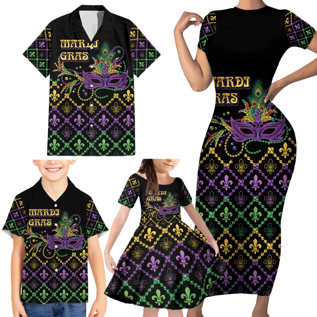 Mardi Gras Carnival Family Matching Short Sleeve Bodycon Dress and Hawaiian Shirt Geometric Pattern Vintage - Wonder Print Shop