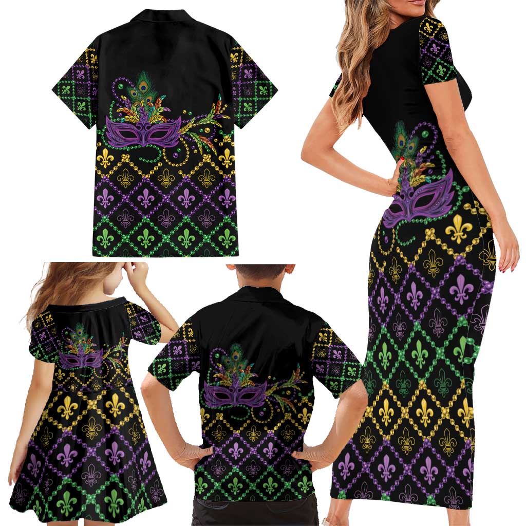 Mardi Gras Carnival Family Matching Short Sleeve Bodycon Dress and Hawaiian Shirt Geometric Pattern Vintage - Wonder Print Shop