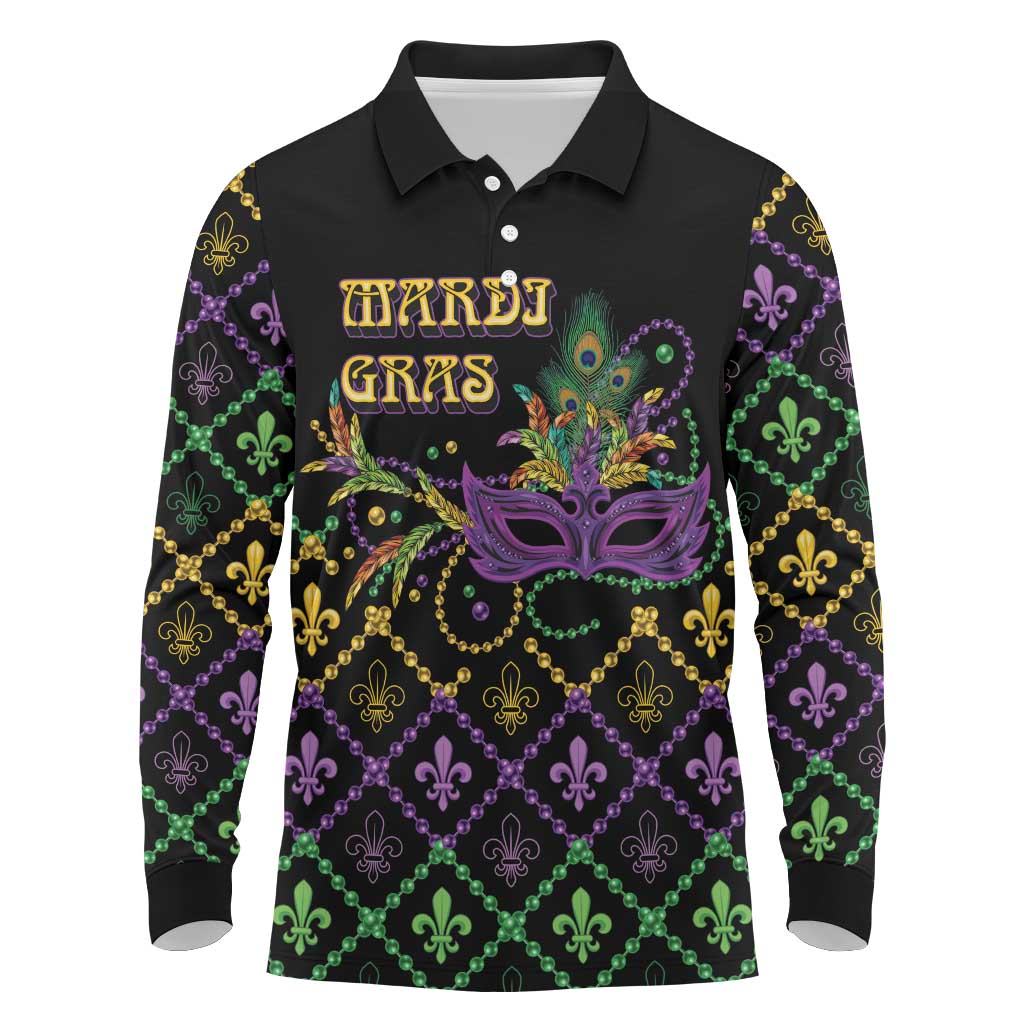 Mardi Gras Carnival Long Sleeve Polo Shirt Geometric Pattern Vintage - Wonder Print Shop
