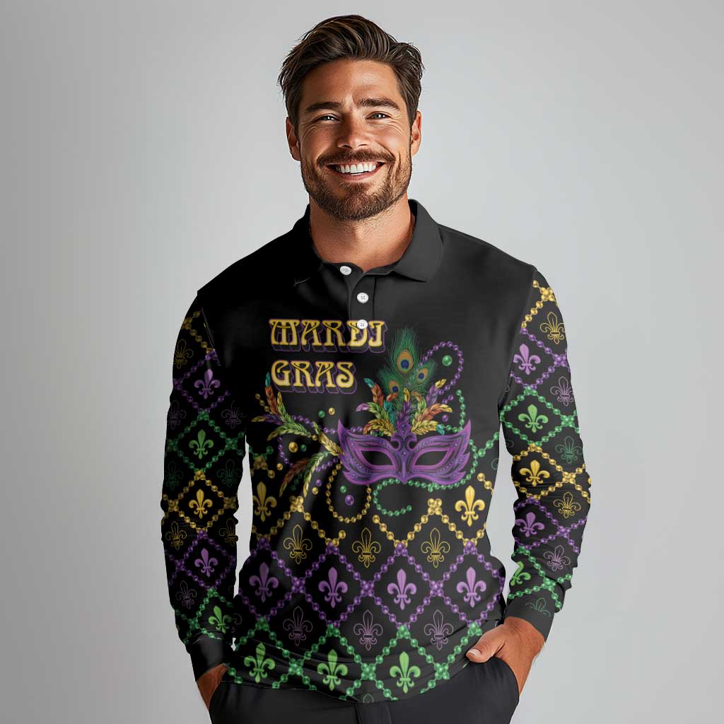 Mardi Gras Carnival Long Sleeve Polo Shirt Geometric Pattern Vintage - Wonder Print Shop