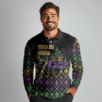 Mardi Gras Carnival Long Sleeve Polo Shirt Geometric Pattern Vintage - Wonder Print Shop