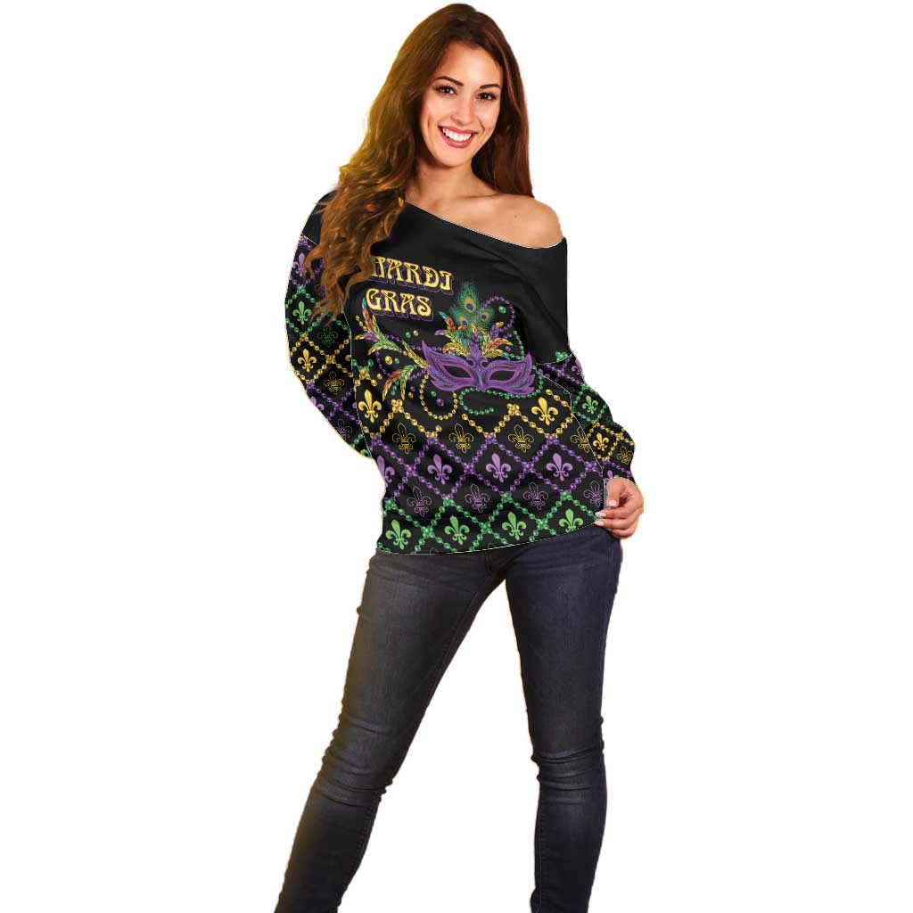 Mardi Gras Carnival Off Shoulder Sweater Geometric Pattern Vintage - Wonder Print Shop