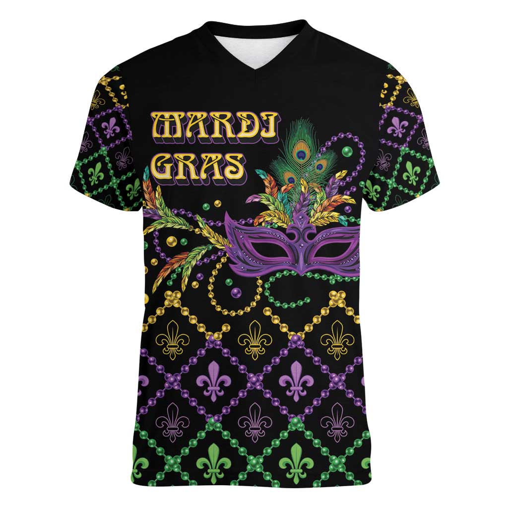 Mardi Gras Carnival Women V-Neck T-Shirt Geometric Pattern Vintage - Wonder Print Shop