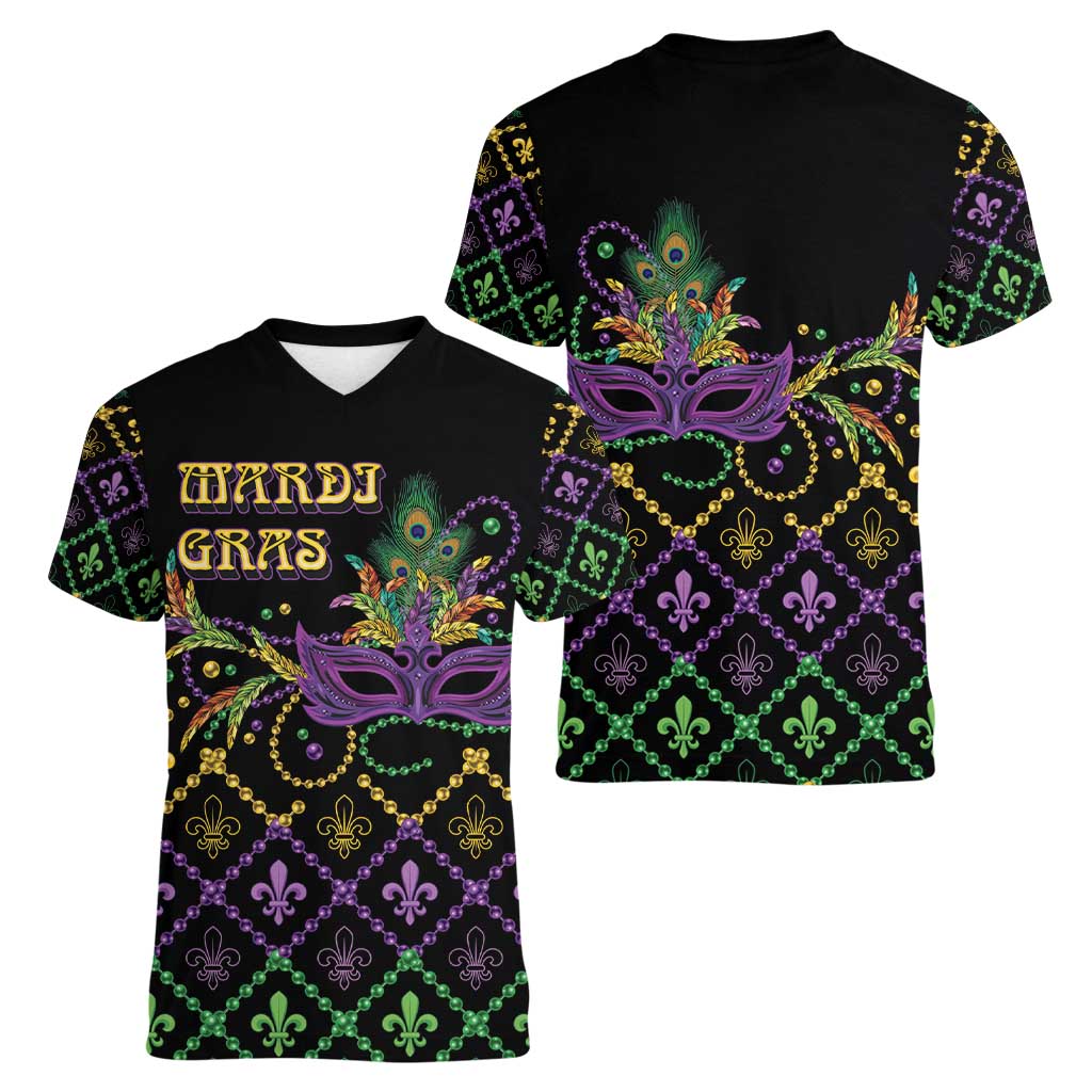 Mardi Gras Carnival Women V-Neck T-Shirt Geometric Pattern Vintage - Wonder Print Shop