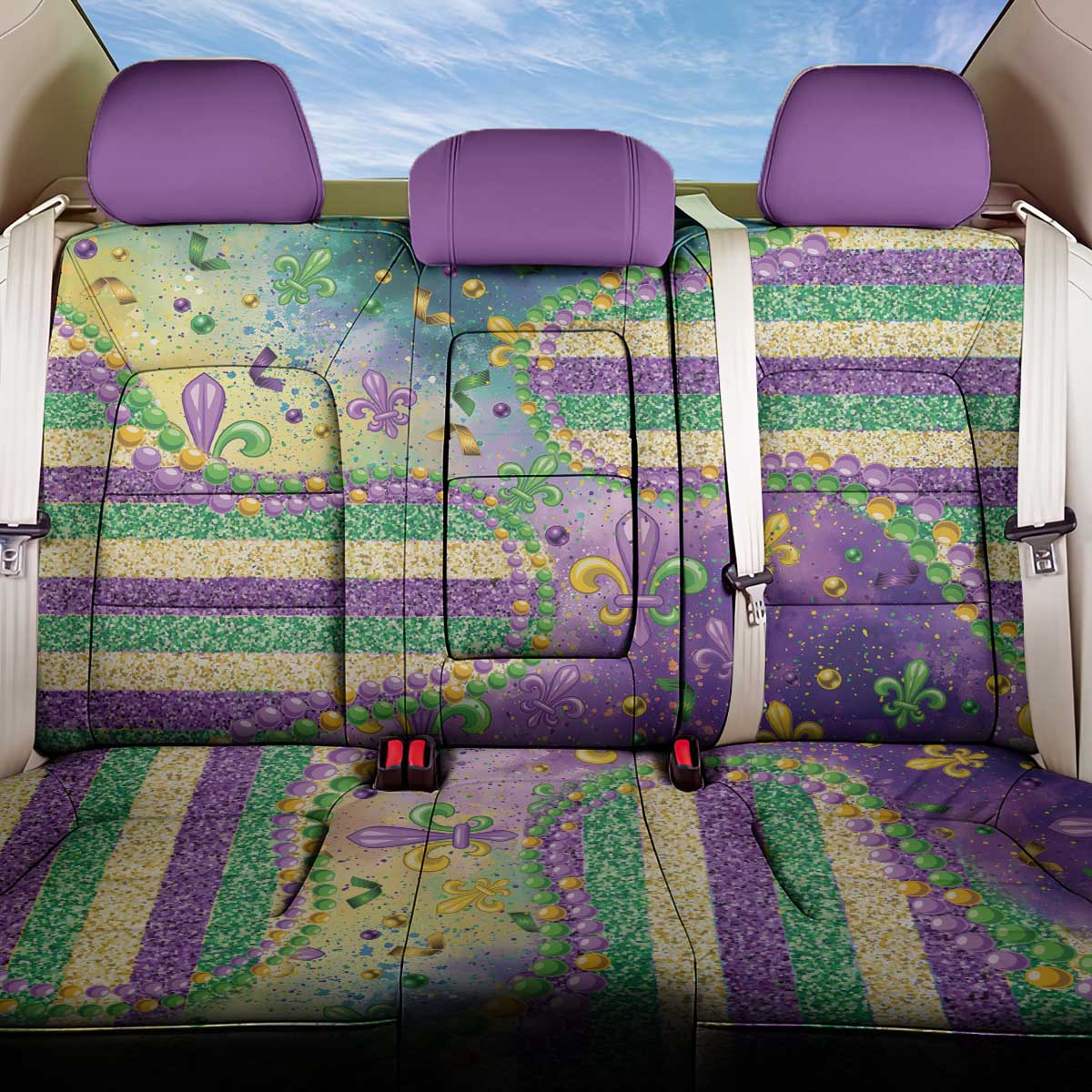 Mardi Gras Fleur De Lis Back Car Seat Cover With Beads Glitter Pattern