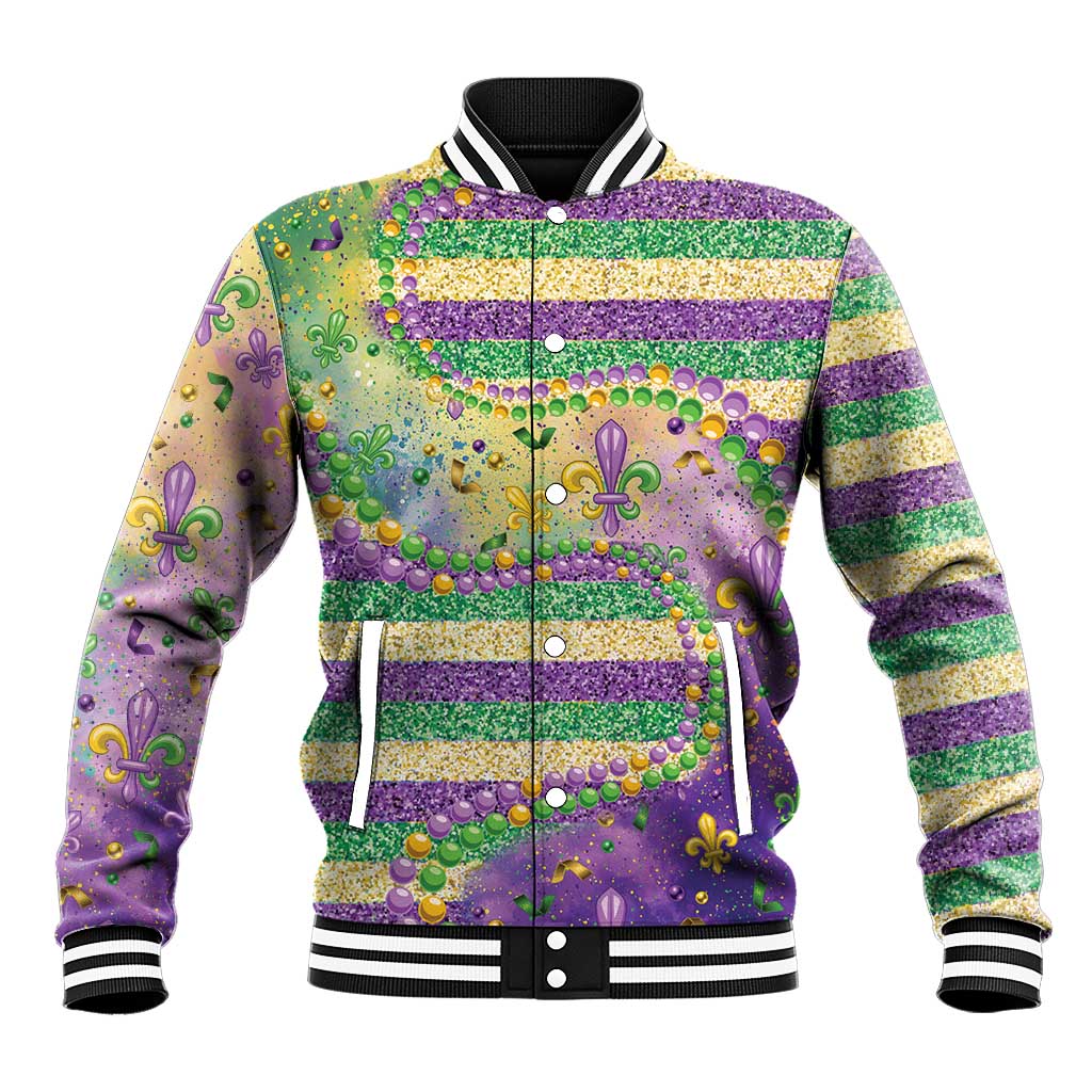 Mardi Gras Fleur De Lis Baseball Jacket With Beads Glitter Pattern