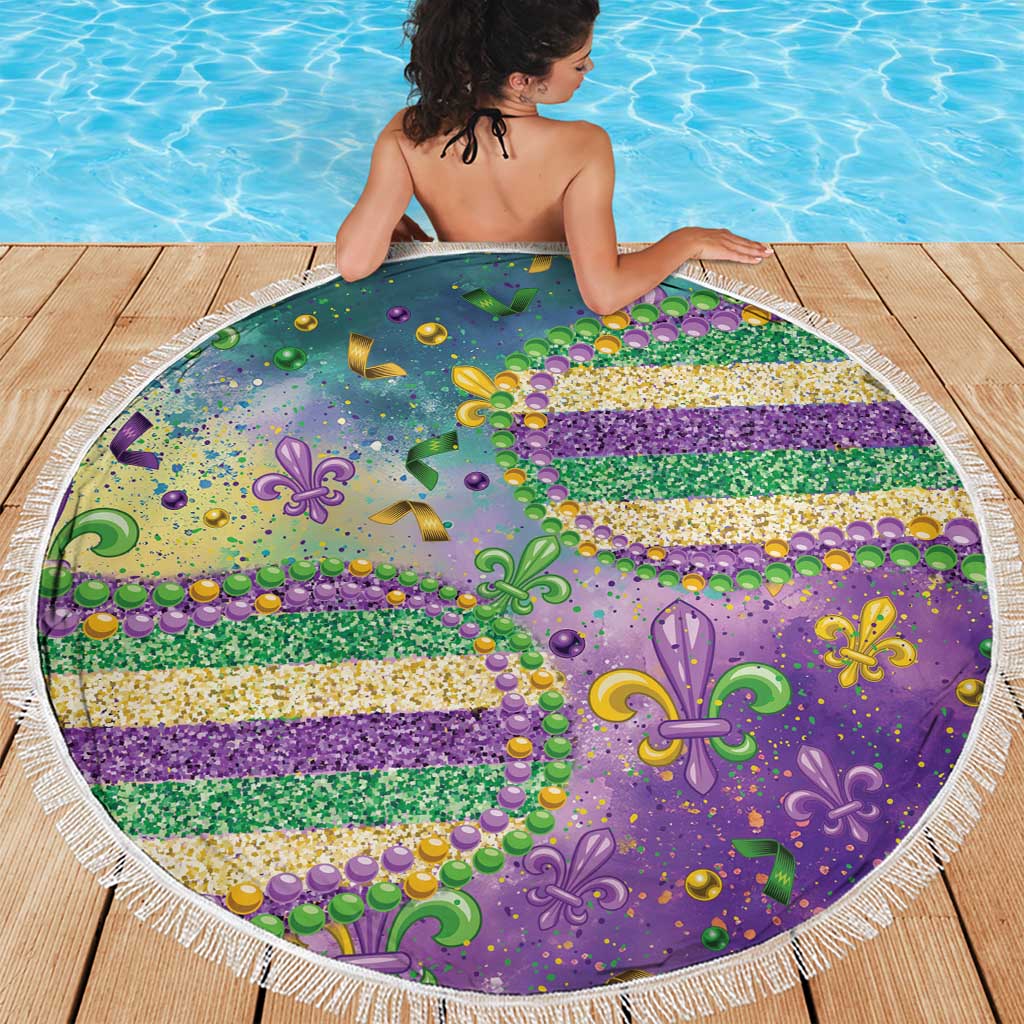 Mardi Gras Fleur De Lis Beach Blanket With Beads Glitter Pattern