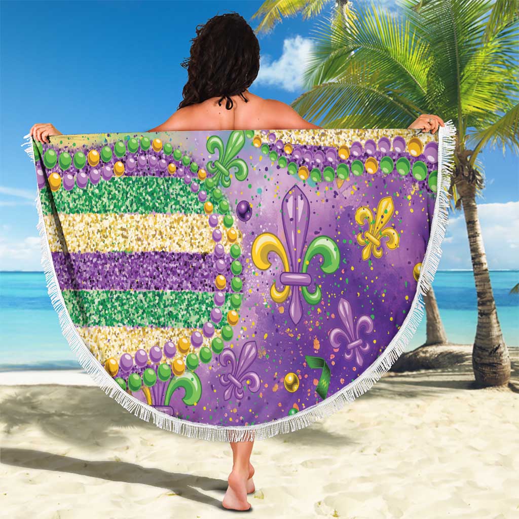 Mardi Gras Fleur De Lis Beach Blanket With Beads Glitter Pattern