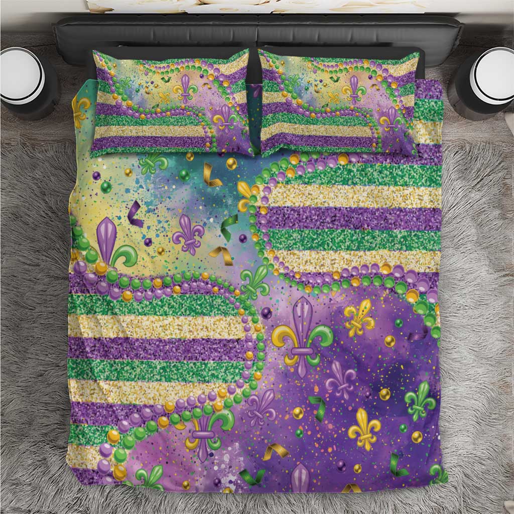 Mardi Gras Fleur De Lis Bedding Set With Beads Glitter Pattern