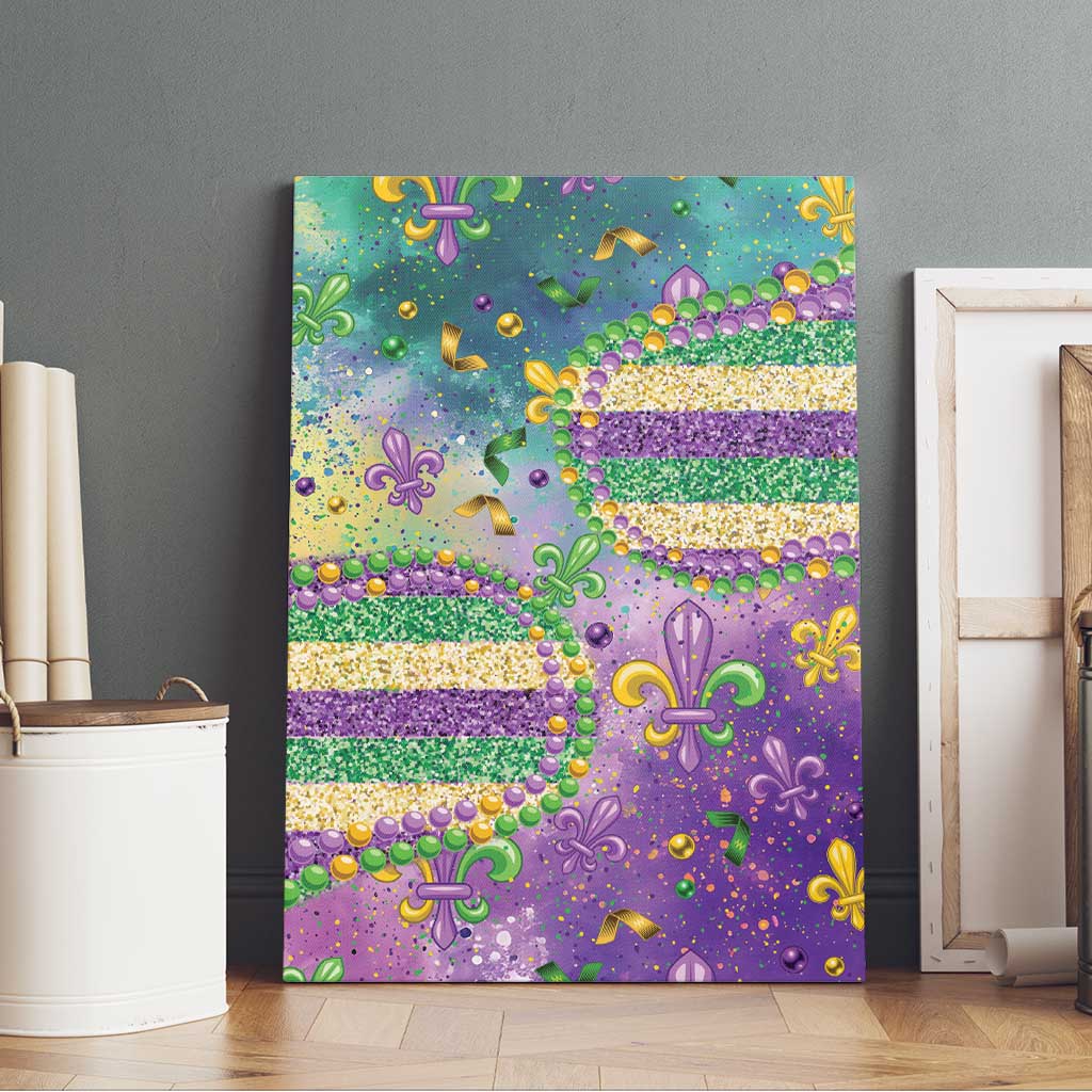 Mardi Gras Fleur De Lis Canvas Wall Art With Beads Glitter Pattern