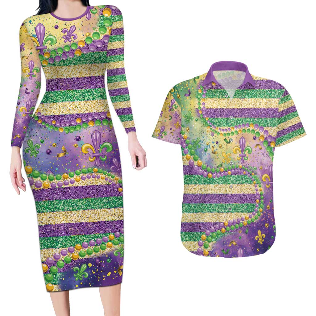 Mardi Gras Fleur De Lis Couples Matching Long Sleeve Bodycon Dress and Hawaiian Shirt With Beads Glitter Pattern