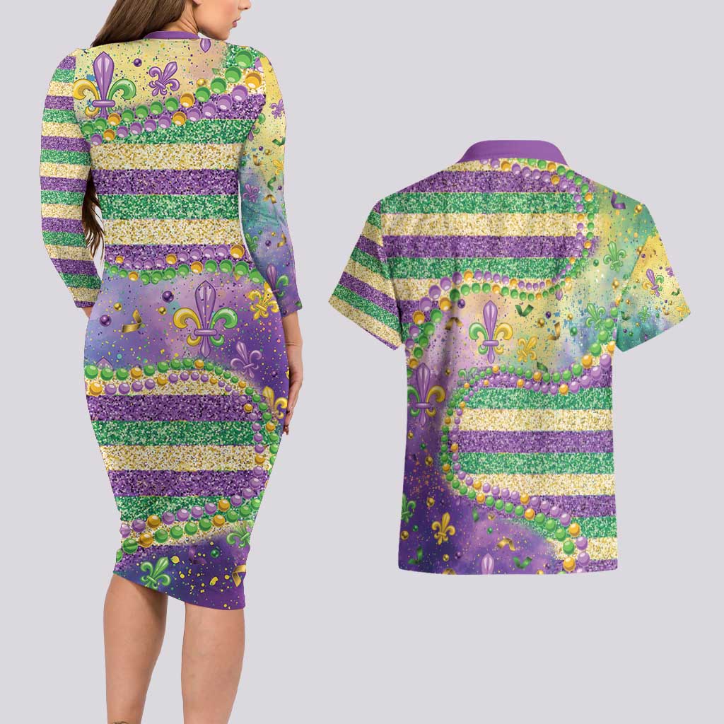Mardi Gras Fleur De Lis Couples Matching Long Sleeve Bodycon Dress and Hawaiian Shirt With Beads Glitter Pattern