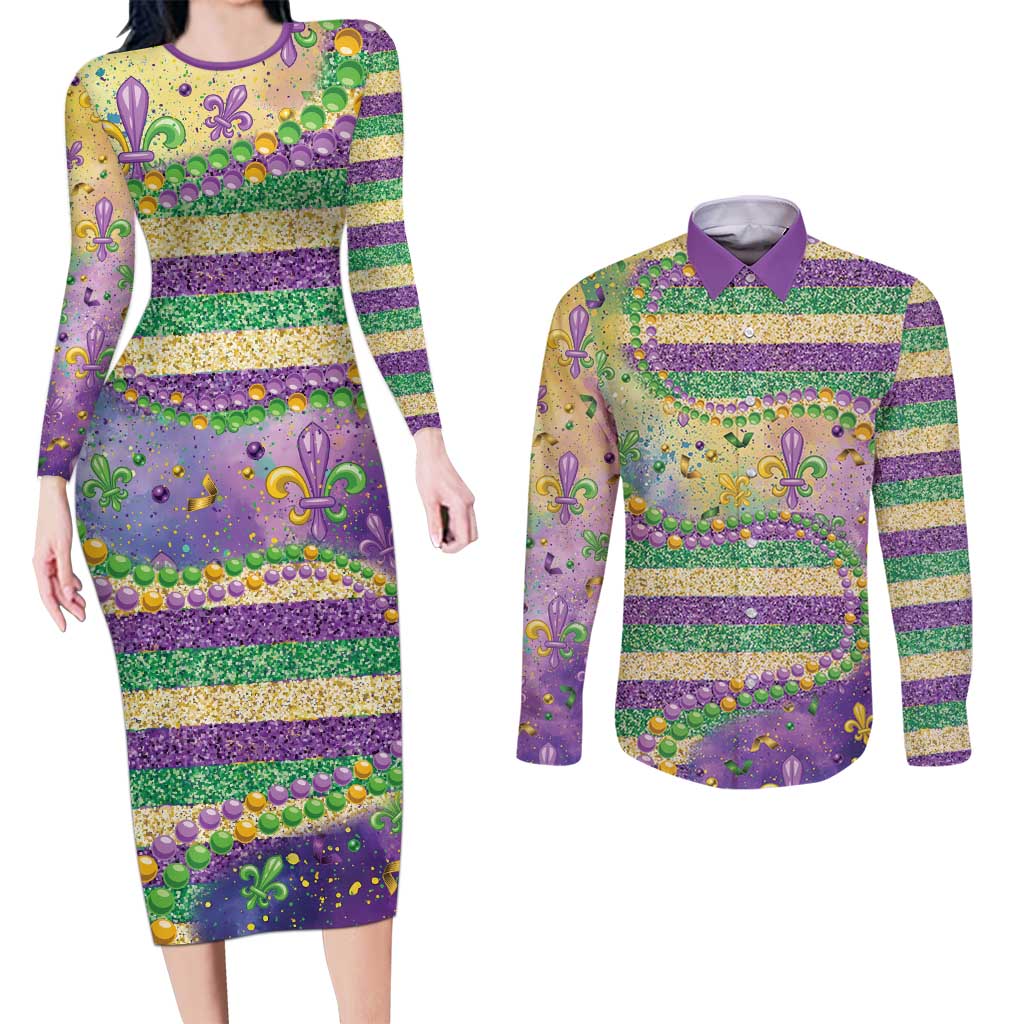 Mardi Gras Fleur De Lis Couples Matching Long Sleeve Bodycon Dress and Long Sleeve Button Shirt With Beads Glitter Pattern