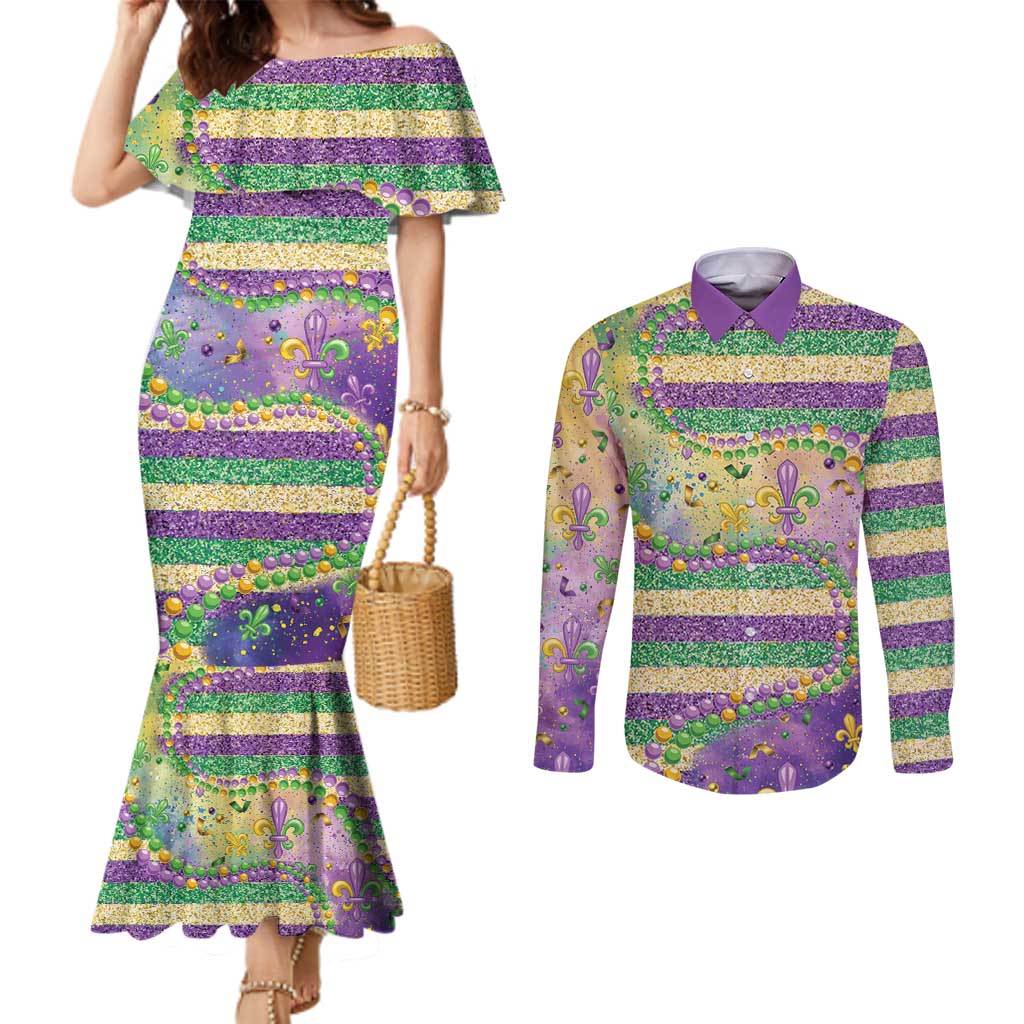 Mardi Gras Fleur De Lis Couples Matching Mermaid Dress and Long Sleeve Button Shirt With Beads Glitter Pattern