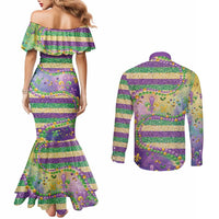 Mardi Gras Fleur De Lis Couples Matching Mermaid Dress and Long Sleeve Button Shirt With Beads Glitter Pattern