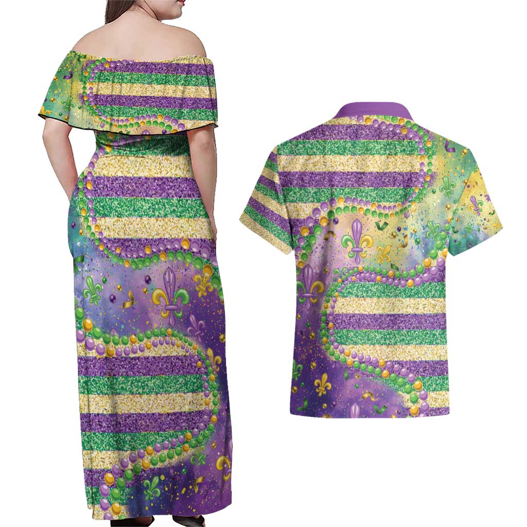 Mardi Gras Fleur De Lis Couples Matching Off Shoulder Maxi Dress and Hawaiian Shirt With Beads Glitter Pattern