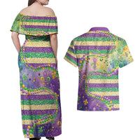 Mardi Gras Fleur De Lis Couples Matching Off Shoulder Maxi Dress and Hawaiian Shirt With Beads Glitter Pattern