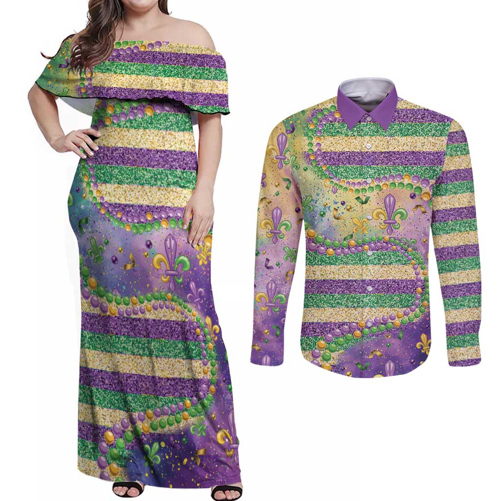 Mardi Gras Fleur De Lis Couples Matching Off Shoulder Maxi Dress and Long Sleeve Button Shirt With Beads Glitter Pattern