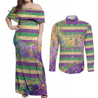 Mardi Gras Fleur De Lis Couples Matching Off Shoulder Maxi Dress and Long Sleeve Button Shirt With Beads Glitter Pattern