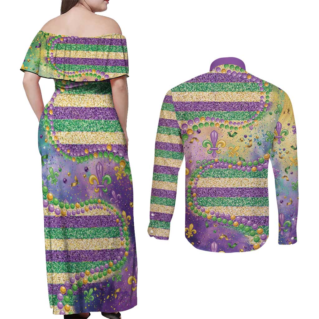 Mardi Gras Fleur De Lis Couples Matching Off Shoulder Maxi Dress and Long Sleeve Button Shirt With Beads Glitter Pattern