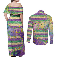Mardi Gras Fleur De Lis Couples Matching Off Shoulder Maxi Dress and Long Sleeve Button Shirt With Beads Glitter Pattern