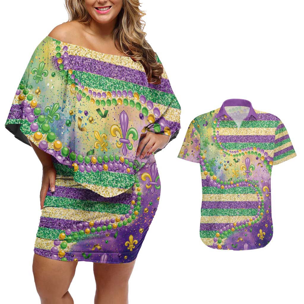 Mardi Gras Fleur De Lis Couples Matching Off Shoulder Short Dress and Hawaiian Shirt With Beads Glitter Pattern