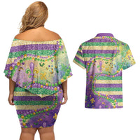 Mardi Gras Fleur De Lis Couples Matching Off Shoulder Short Dress and Hawaiian Shirt With Beads Glitter Pattern