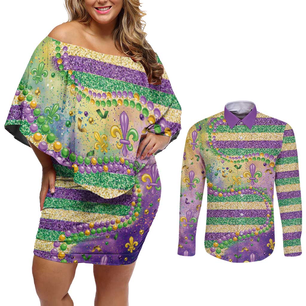 Mardi Gras Fleur De Lis Couples Matching Off Shoulder Short Dress and Long Sleeve Button Shirt With Beads Glitter Pattern