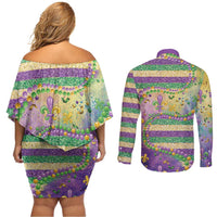 Mardi Gras Fleur De Lis Couples Matching Off Shoulder Short Dress and Long Sleeve Button Shirt With Beads Glitter Pattern