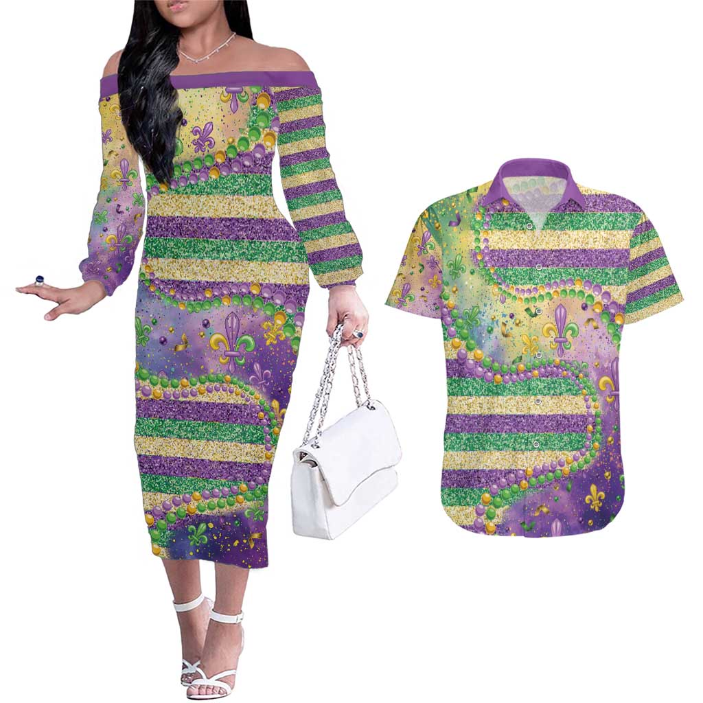 Mardi Gras Fleur De Lis Couples Matching Off The Shoulder Long Sleeve Dress and Hawaiian Shirt With Beads Glitter Pattern