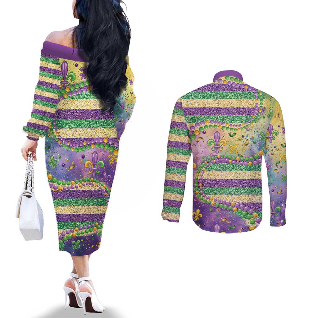 Mardi Gras Fleur De Lis Couples Matching Off The Shoulder Long Sleeve Dress and Long Sleeve Button Shirt With Beads Glitter Pattern