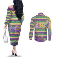 Mardi Gras Fleur De Lis Couples Matching Off The Shoulder Long Sleeve Dress and Long Sleeve Button Shirt With Beads Glitter Pattern